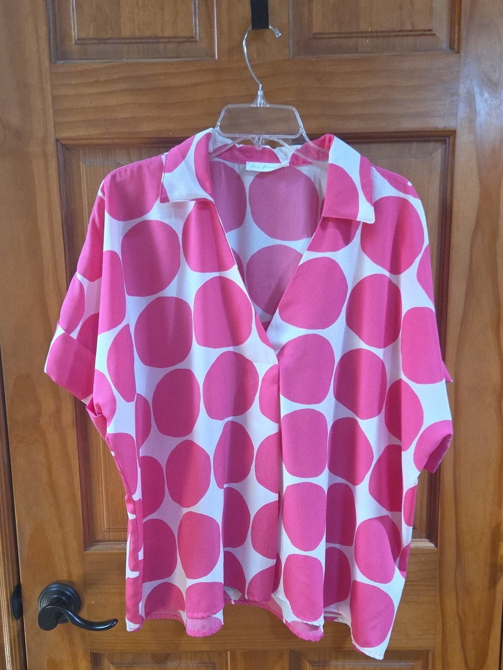 Ces Femme Pink Polka Dot Short Sleeve Button Down Blouse